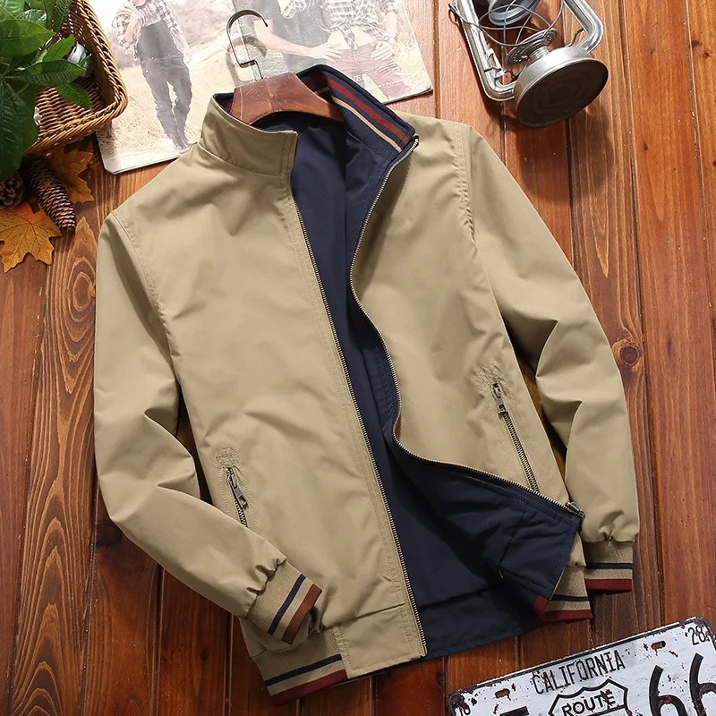 

New Jacket Men Spring Autumn Men's Double-Sided Stand Collar Casual Jacket Middle-aged Solid Jacket