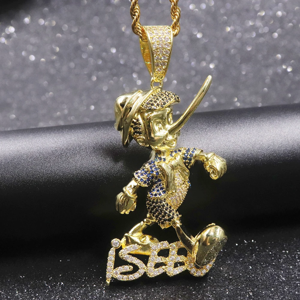 Pinocchio мультфильм аниме персонаж кулон с веревкой цепь золото серебро Bling кубический циркон мужская хип хоп ожерелье ювелирные изделия подарок