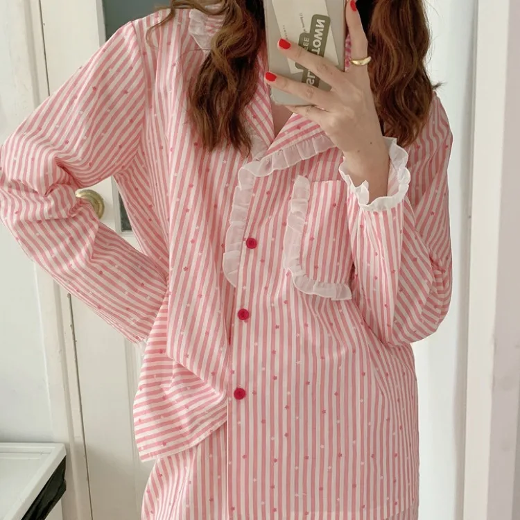 

Осенняя новая Пижама с оборками в полоску, одежда для сна, милый кардиган, домашний костюм, повседневная простая ночная рубашка, кружевная П...