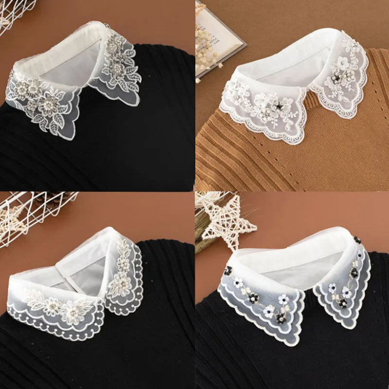 

Elegant Beaded Doll Cotton Fake Collar Blouse Sweater Detachable Shirt Collar Lace False Collar Lapel Women Top Collars Decor