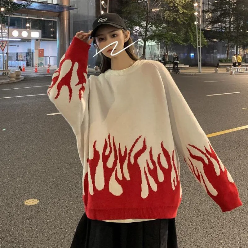 Новинка 2021 женский свитер в стиле хип-хоп жаккардовый с рисунком пламени пуловер