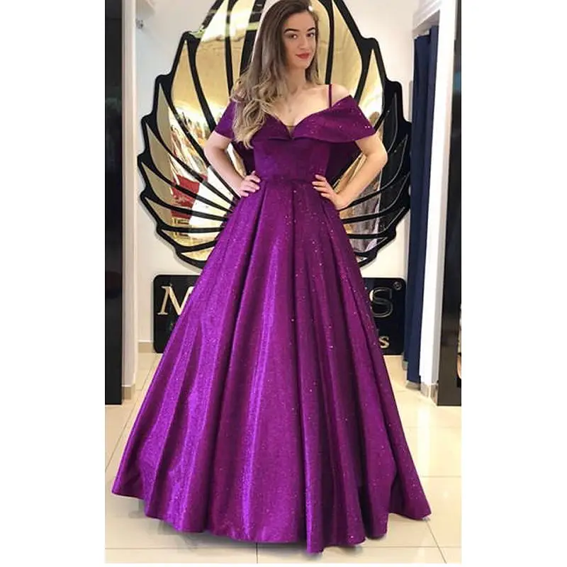 

Off The Shoulder A Line Prom Dresses Spaghetti Sleeveless Floor Length Pleats Purple Formal Evening Gowns Party Dress