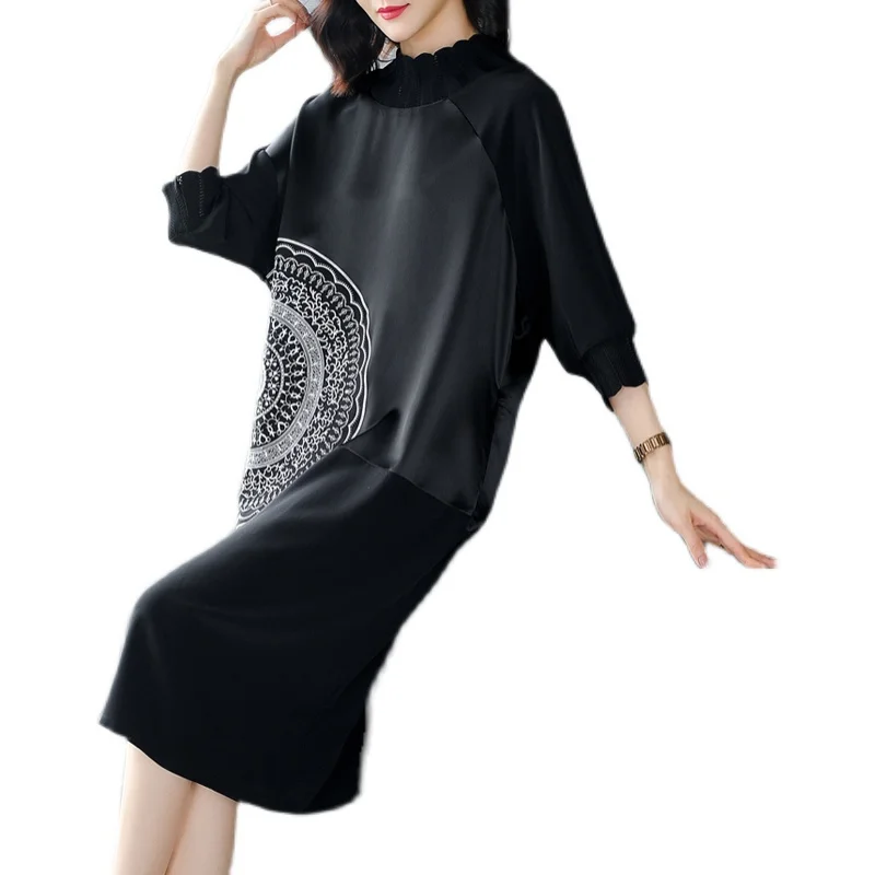 

COIGARSAM 4XL Plus Size Three Quarter Sleeve Women dress New Spring Summer Loose Embroidery Dresses Black 8598