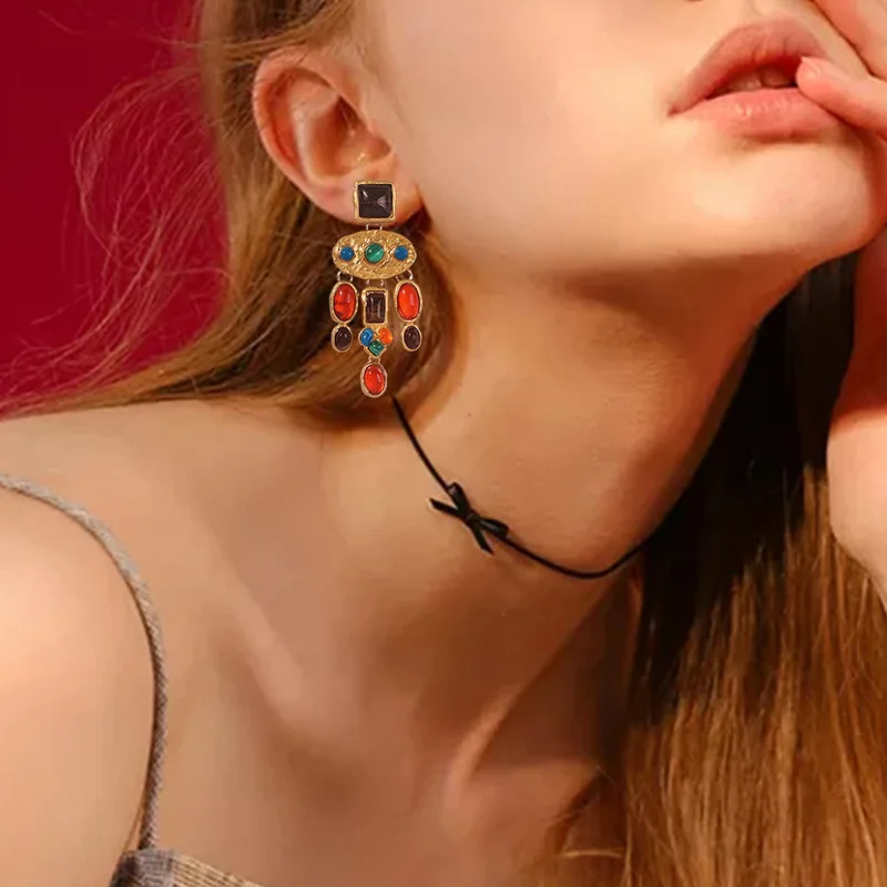 

AE-CANFLY 2020 New Brand Colorful Earrings Women Fashion Resin Stone Vintage Long Earring Indian Statement Jewelry Earring