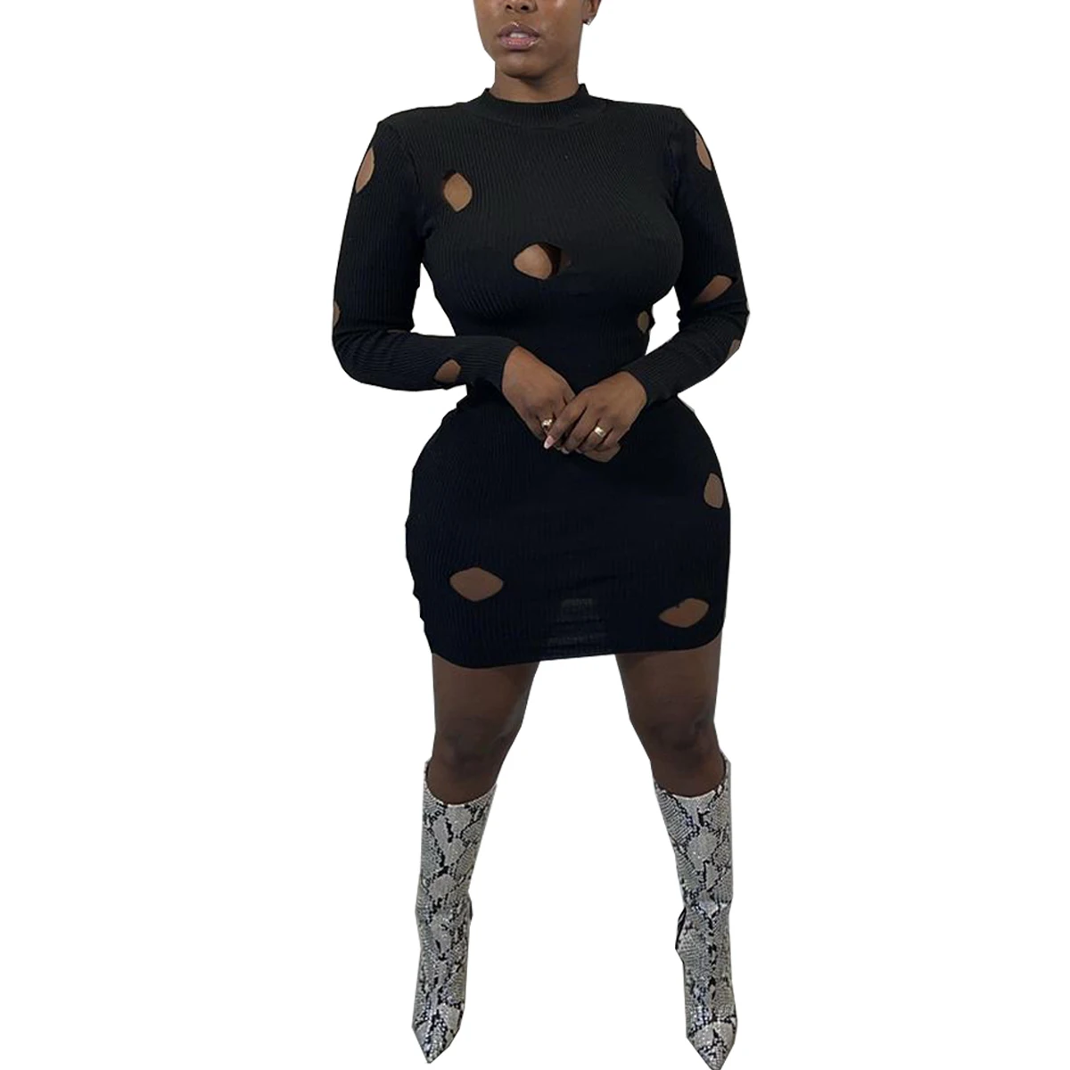 

Women Fashion Sexy Solid Hole Half High Collar Long Sleeves Club Party Mini Dress