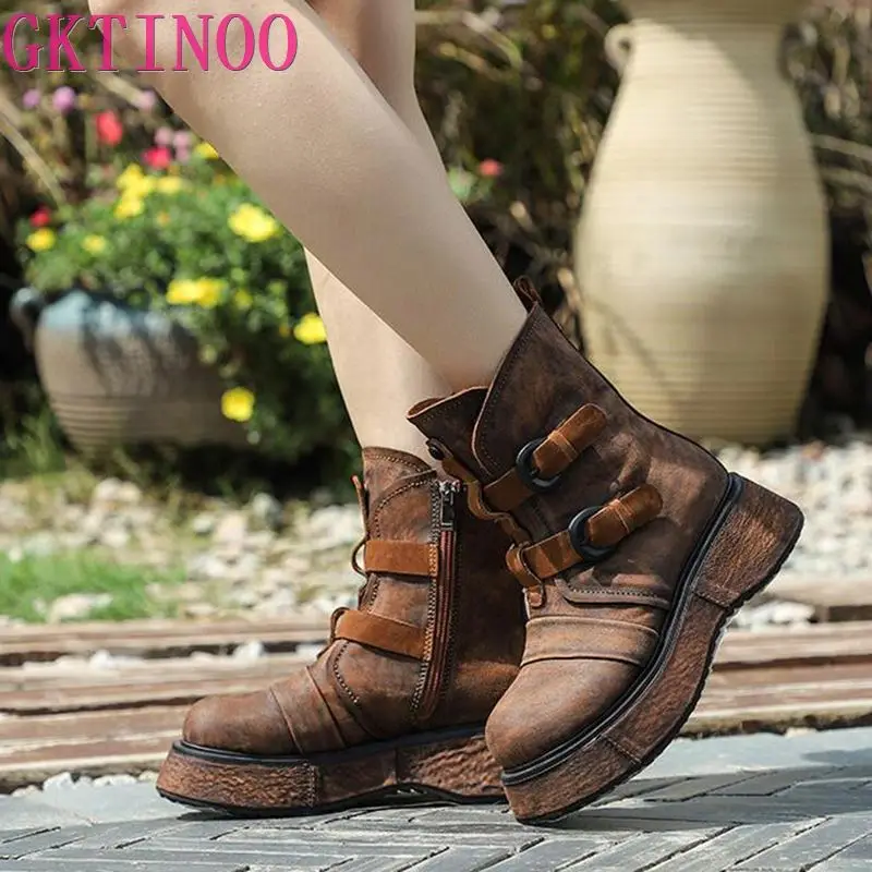 

GKTINOO Genuine Leather Autumn Boots For Women Platform Chelsea Boot Spring Cowhide Booties Fashion Female Thick Bottom Bootie