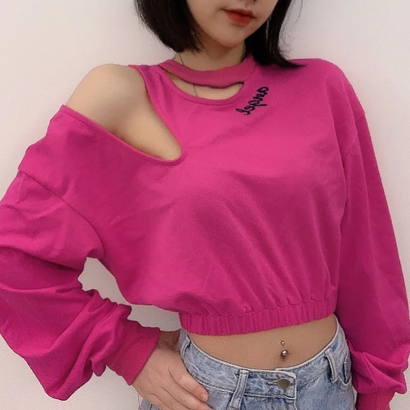 

2021 Women's Autumn and Winter New Solid Color Letter Embroidery Shoulder Hollowed Out Long Sleeve Waist Girdle Women's Sweater