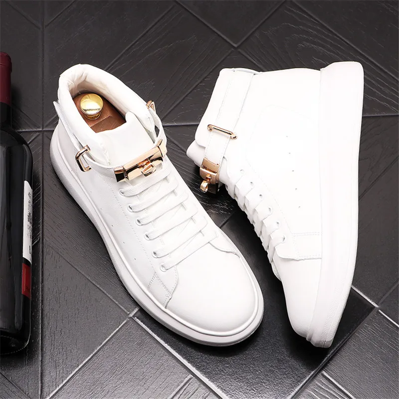 Murah Sneakers Punk Pria Kasual Logam Atasan Tinggi Hip Hop Sepatu Bot Pergelangan Kaki Rata Penambah Tinggi Pria Zapatillas Hombre