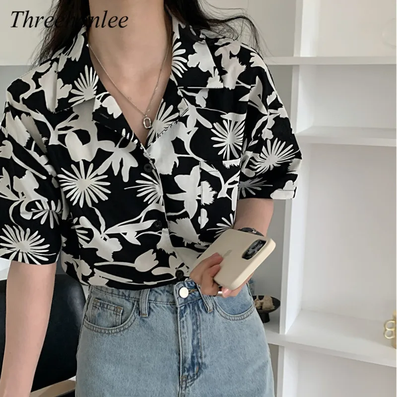 

Fashion Women's Blouses Summer 2021 Floral Printed Vintage Retro Casual Harajuku Shirts Female Tops Buttons Shirt