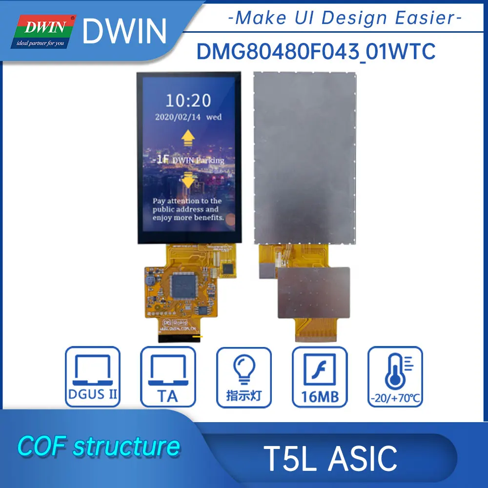 

DWIN 4,3 дюймов COF структура 480*800 разрешение IPS-TFT-LCD Smart LCMs UART порт емкостной сенсорной панели DMG80480F043_01WTC