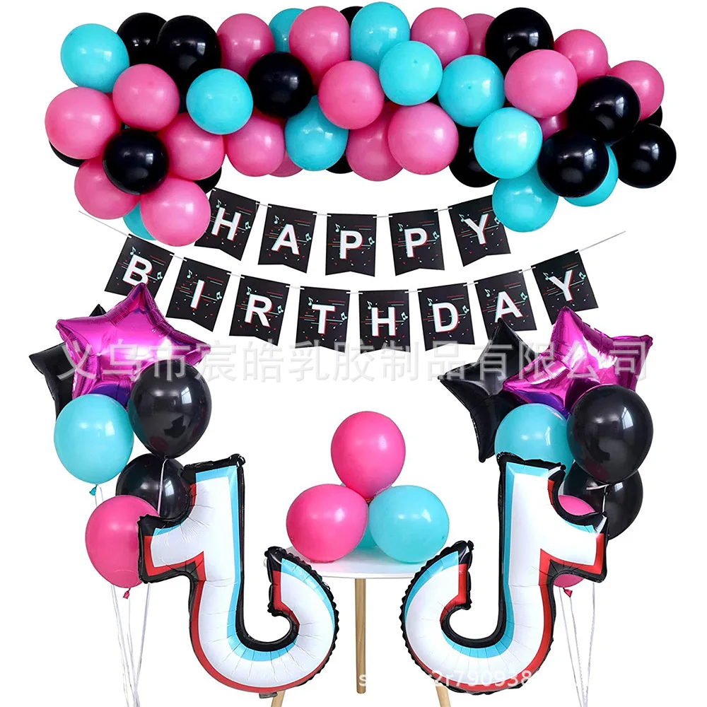 

Tik Theme Music Note Latex Balloon Happy Birthday Banner Party Decoration Fans Party Supplies