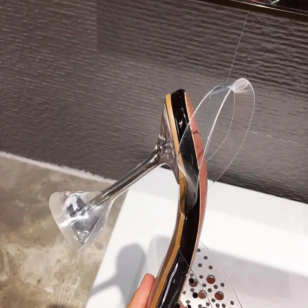 

Big Size 41 Fashion Women Sandals Pointed Toe Rivet Design PVC Transparent Back Strap Sandals Thin High Heels Wedding Shoes