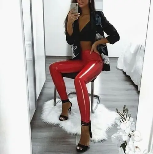 

NEW Fashion Casual Solid Slim Women's High Waist Look Stretchy Pants Faux Leather Skinny Pencil Trousers