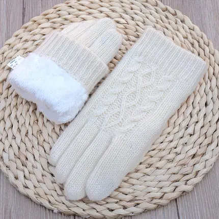 B32 white beige Осенне-зимние женские вязаные перчатки высокого качества, женские бархатные толстые теплые шерстяные кашемировые однотонные перчатки, Женские варежки - Цвет: B32 white beige