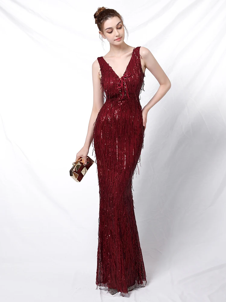 

YIDINGZS 2021 Light Champagne Sexy V-neck Tassel Sequins Evening Dress Women Sleeveless Long Evening Party Dress YD9621