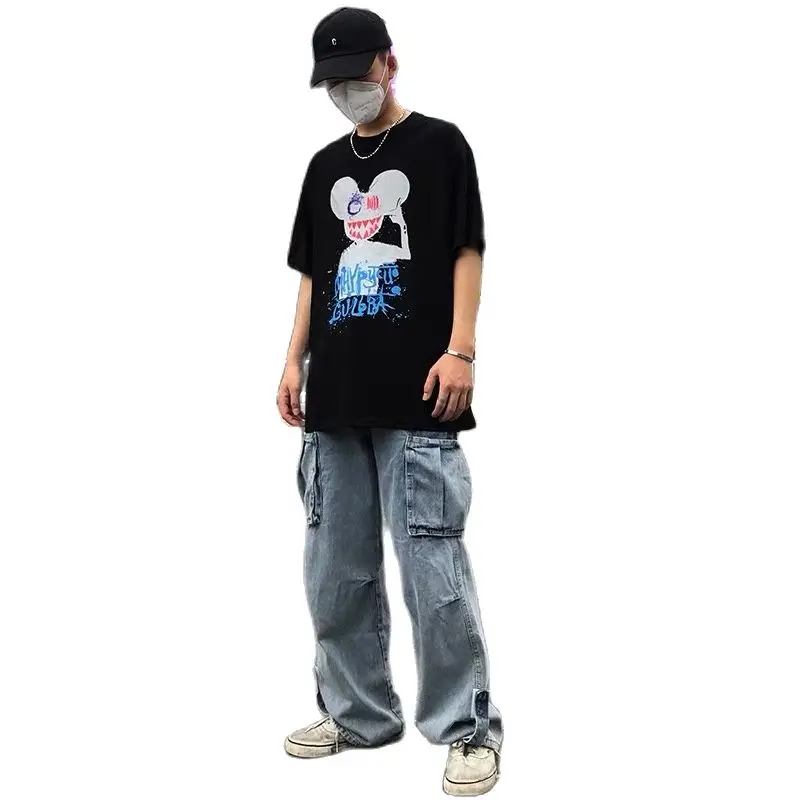 

2021 New Fashion Men's Jeans Straight Loose Loose Retro Wash Tooling Style Jeans Multi-pocket Retro Wide-leg Jeans