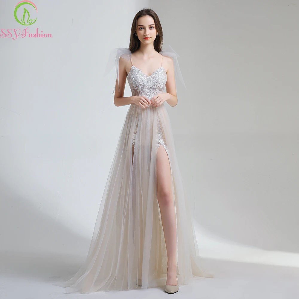 Женское вечернее платье SSYFashion цвета слоновой кости с v-образным вырезом кружева
