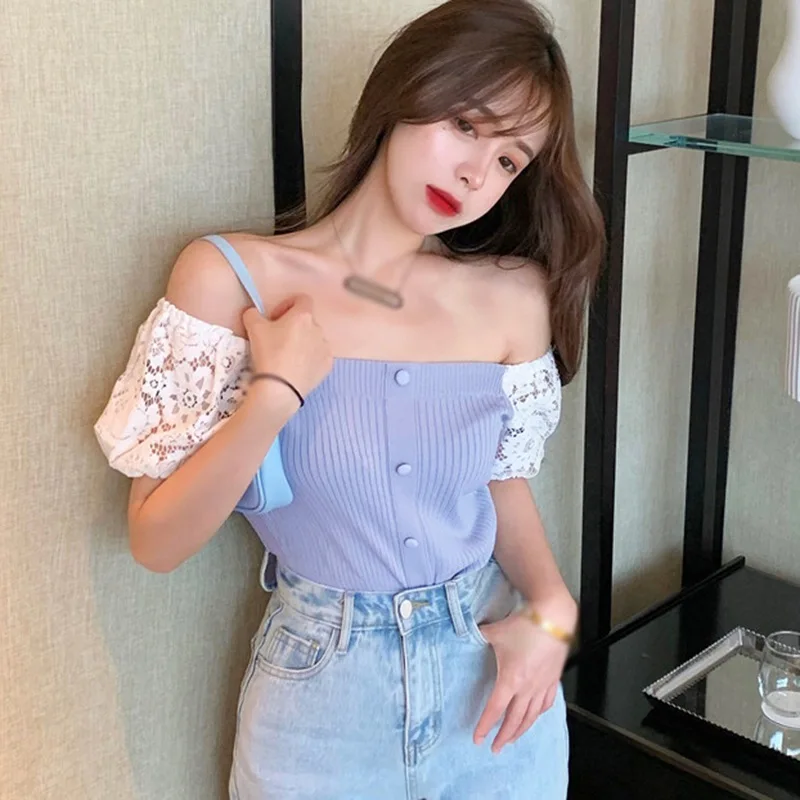 

Summer Women Patchwork T-shirt Tops New Stitching Lace Short Sleeve Breasted Slim Female Slash Neck Tops
