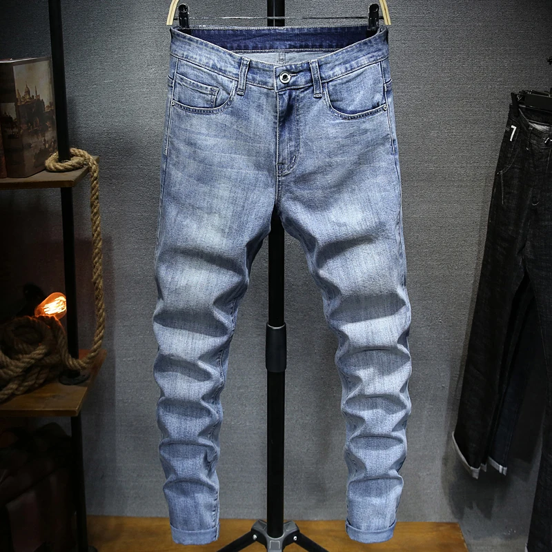 

Men's New Jeans Summer Thin Section Large Size 46 44 Fashion Stretch Distressed Light Blue Slim Mens Casual Denim Trousers