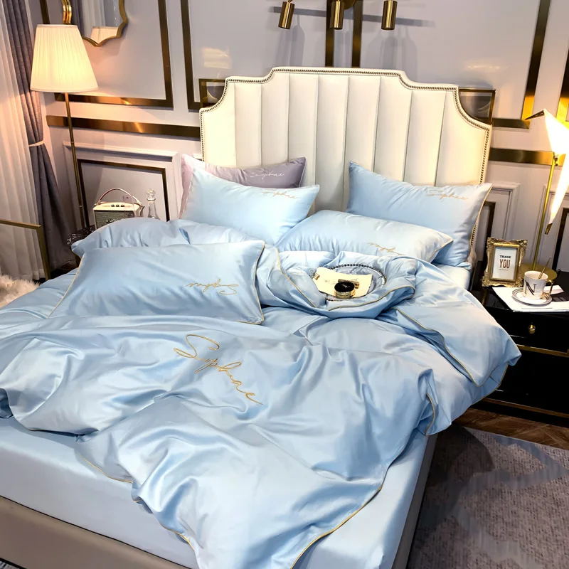 4pcs Ocean Blue Beddings Set Duvet Cover Flat Sheet Fitted Pillowcases Without Filler 100% 60S Cotton Luxury Embroidery | Дом и сад