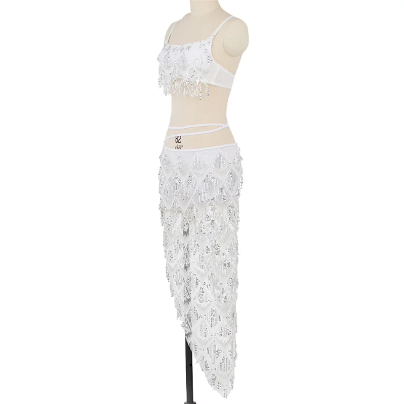 

Fashionable Adult Women Belly Dance Training Clothing Belly Dance Performance Costumes Sequines Lace Designed Skirt Blouse Suit