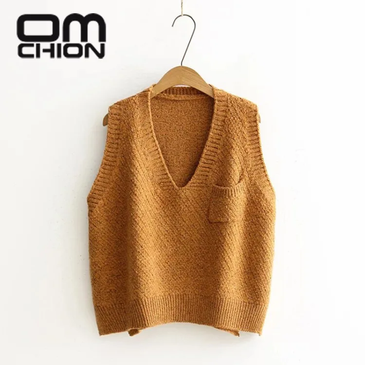 

OMCHION осень-зима 2020 корейский трикотажный свитер без рукавов с V-образным вырезом женский свободный безрукавка большого размера с карманами ...