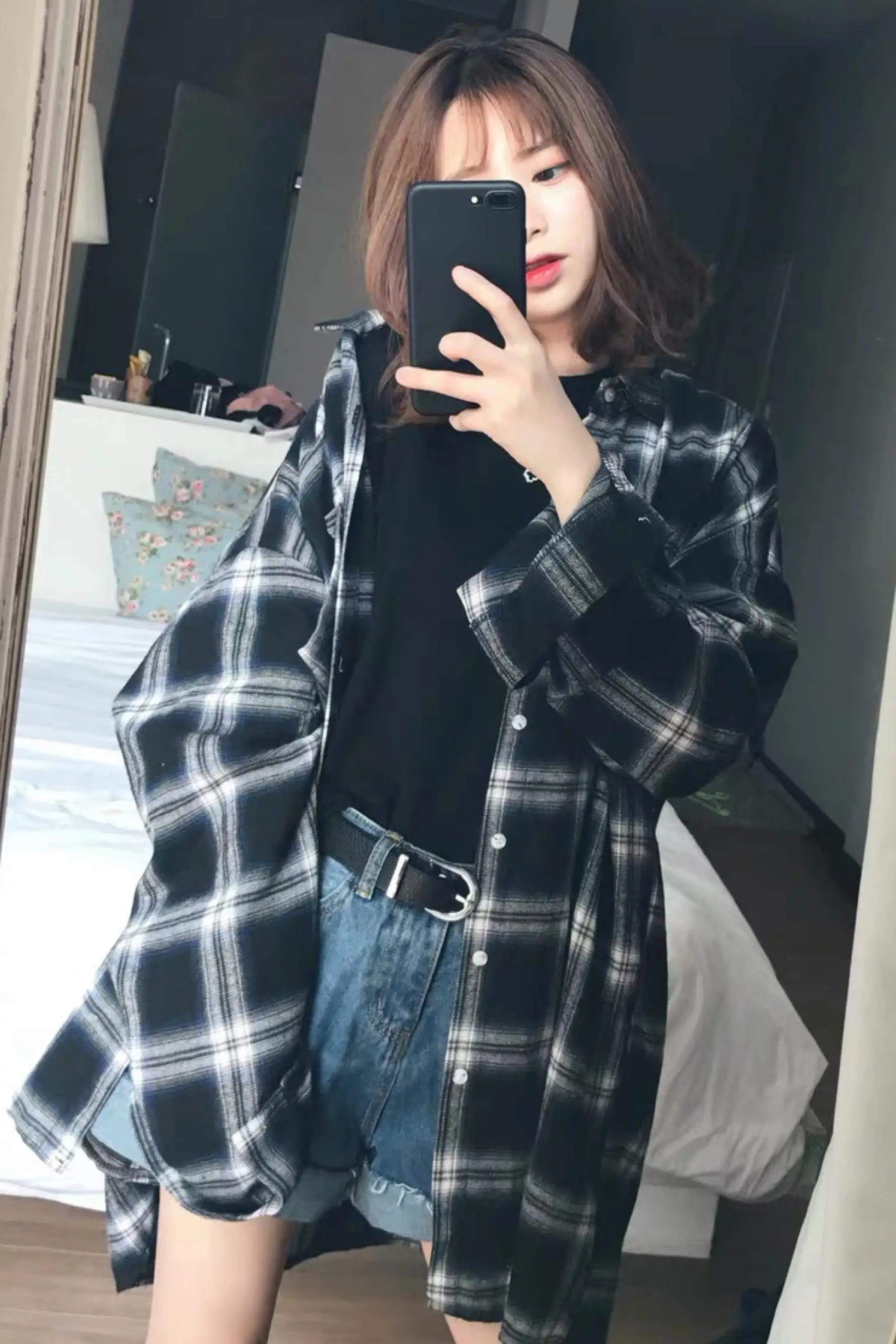 

Houthion Women's Blouses New Casual Blouse Fashion Long Sleeve Top Plaid Printing Mid-length Shirt Loose Plus Size Tops