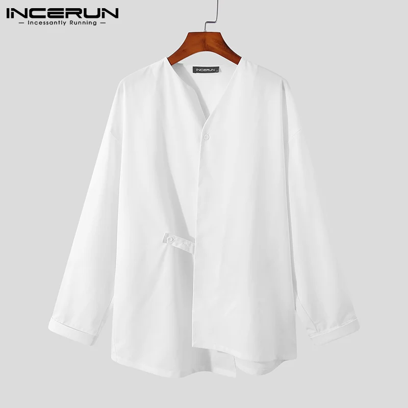 INCERUN Fashion Men Shirt V Neck Long Sleeve Streetwear Solid Color Korean Casual Irregular Shirts 2022 Button Loose Camisas