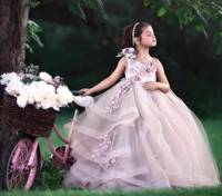 ball gown dirty pink long flower girls dresses with 3d flowers tulle country wedding party dress junior kids gowns wear