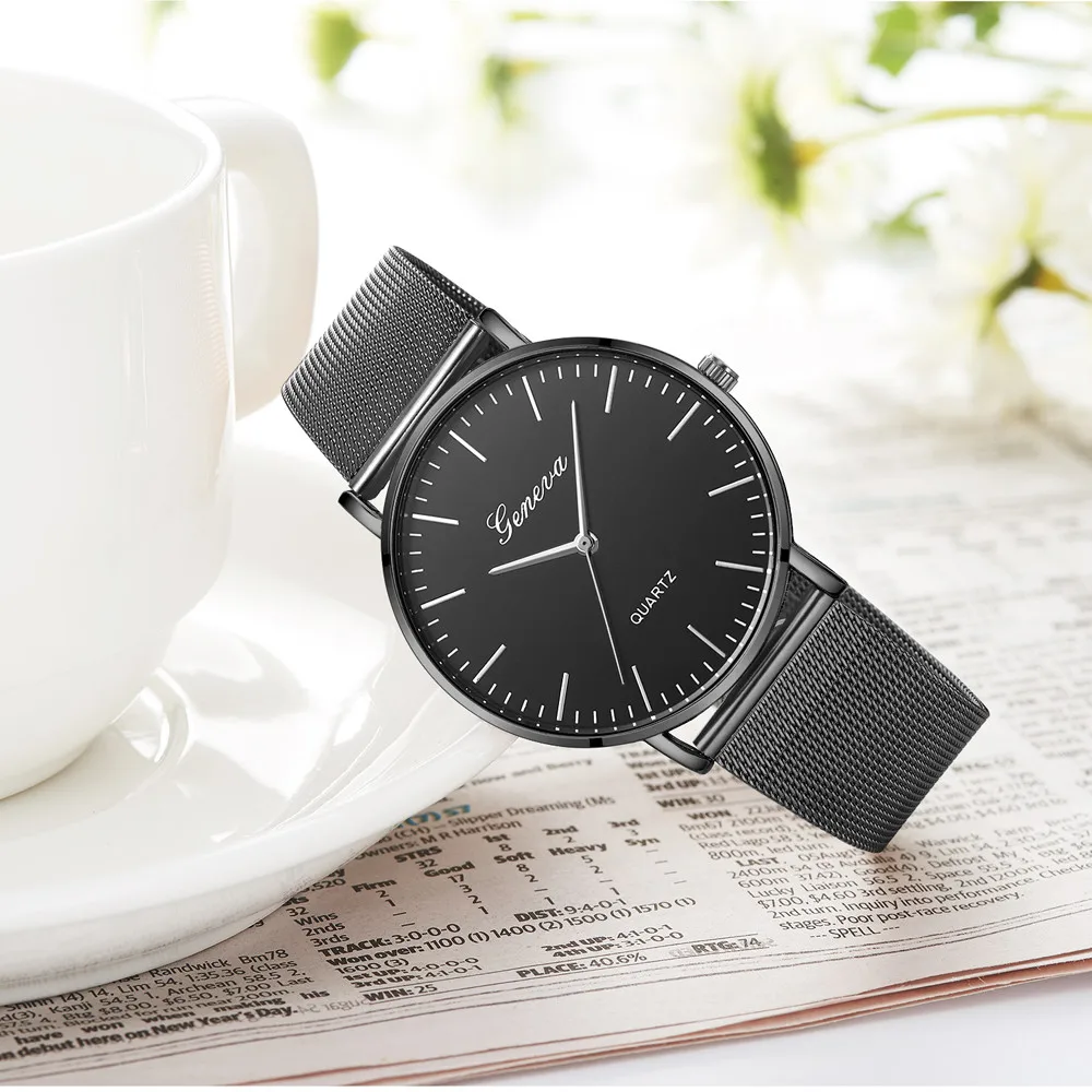 Современные модные черные кварцевые часы для мужчин и женщин сетчатый ремешок из