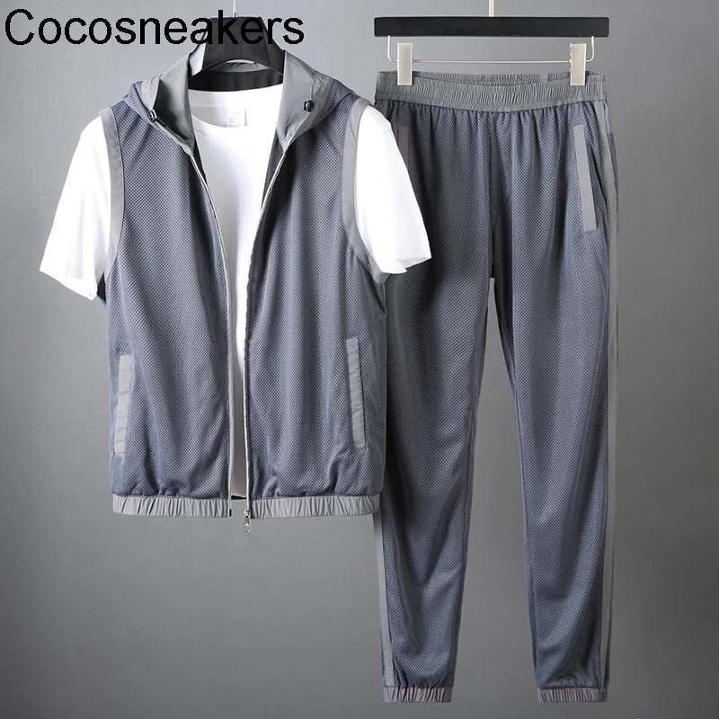 

New Second kill spring and autumn two piece set honeycomb mesh breathable sports suit men's casual sleeveless hooded suit