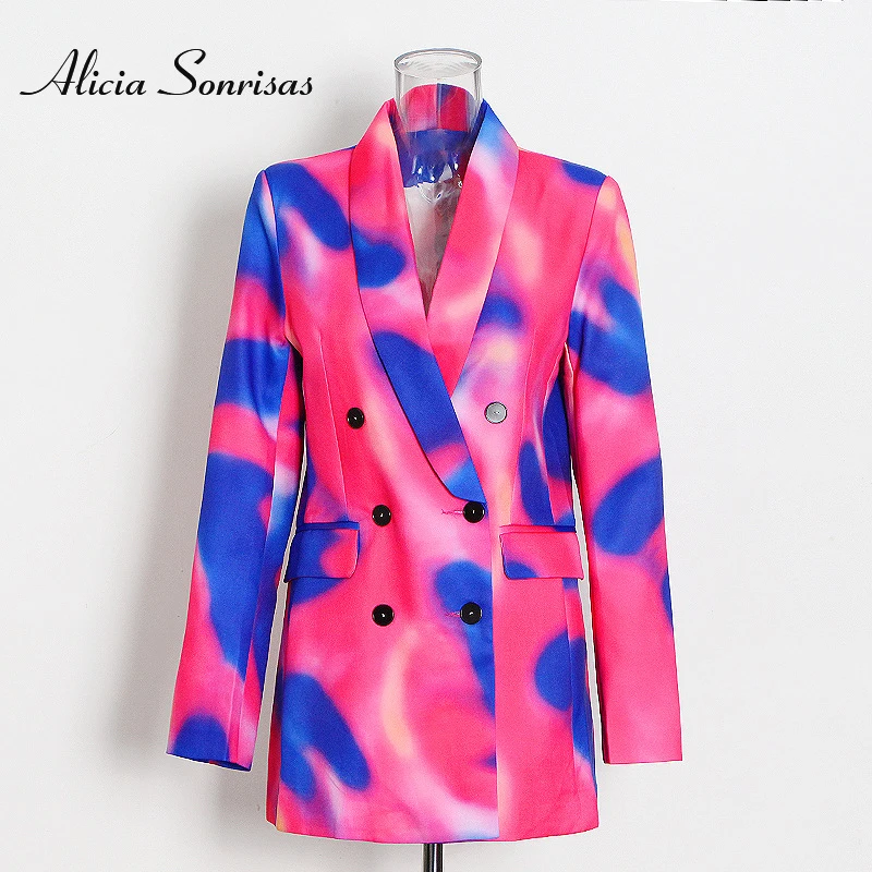 

Women Tie-dye Hit Color Printed Double Breasted Blazer Lapel Vintage Jacket Fashion Spring Autumn Female Outerwear Chic Tops