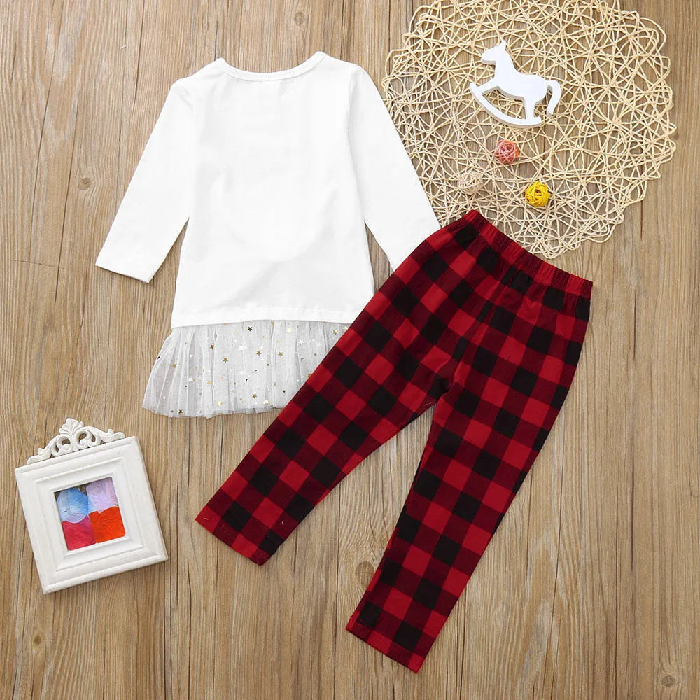 Футболка с оленем для маленьких девочек топы + клетчатые штаны комплект одежды на
