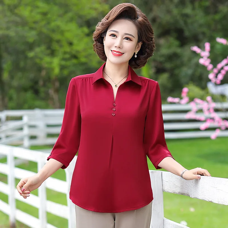 

Middle-aged Woman Blouses Red Blue Elderly Women's Summer Clothes Fall Office Lapel Loose Tops Mothers Satin Shirts Blusas Mujer