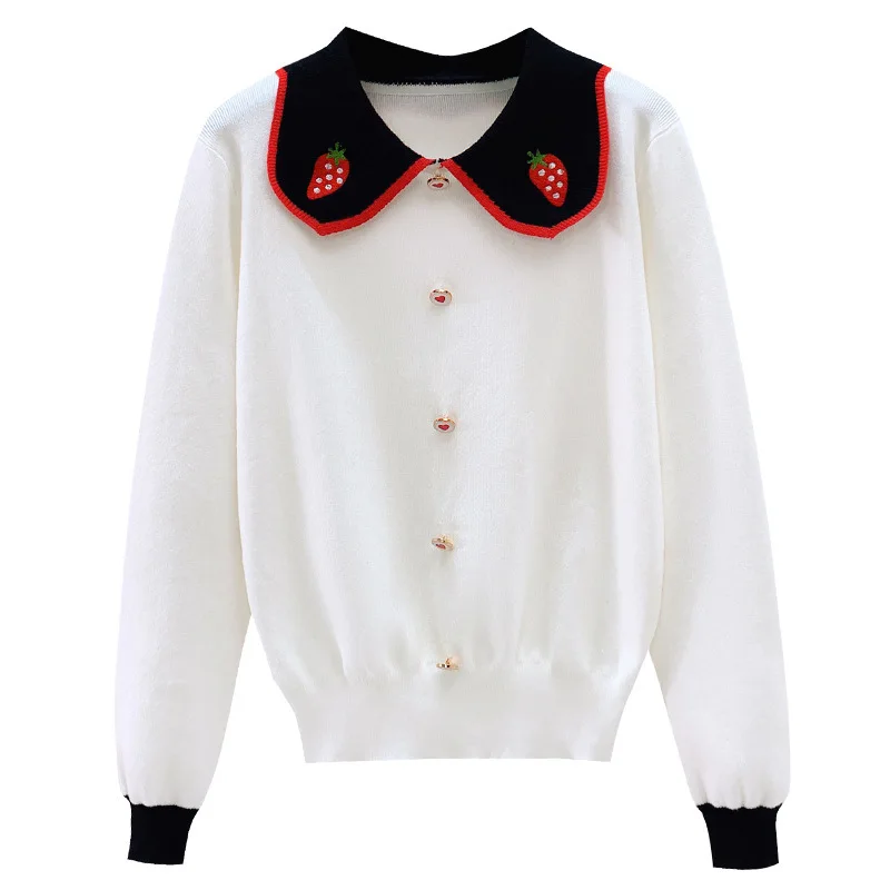 

Small fresh and sweet cute little strawberry embroidery knitted doll collar sweater autumn and winter new women's clothing