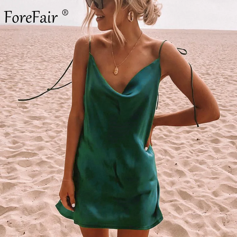 Женское шелковое атласное платье на бретельках Forefair зеленое и оранжевое