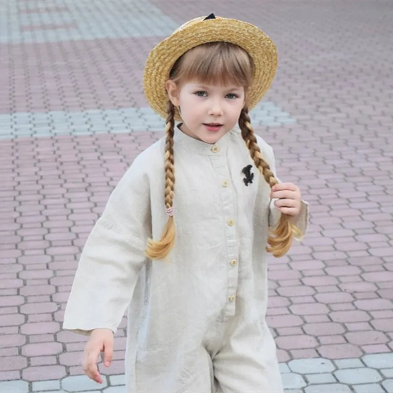 2022 Spring Autumn boys girls solid color linen long sleeve jumpsuits Korean style Toddler Kids soft loose bodysuits 1-7Y