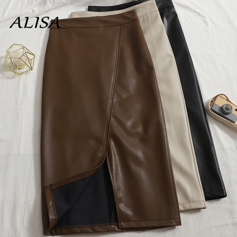 

Faux Leather Skirts Women Elegant High Waisted Casual Midi Wrap Skirt Ladies Slim Hem Slit Office Pencil Skirt
