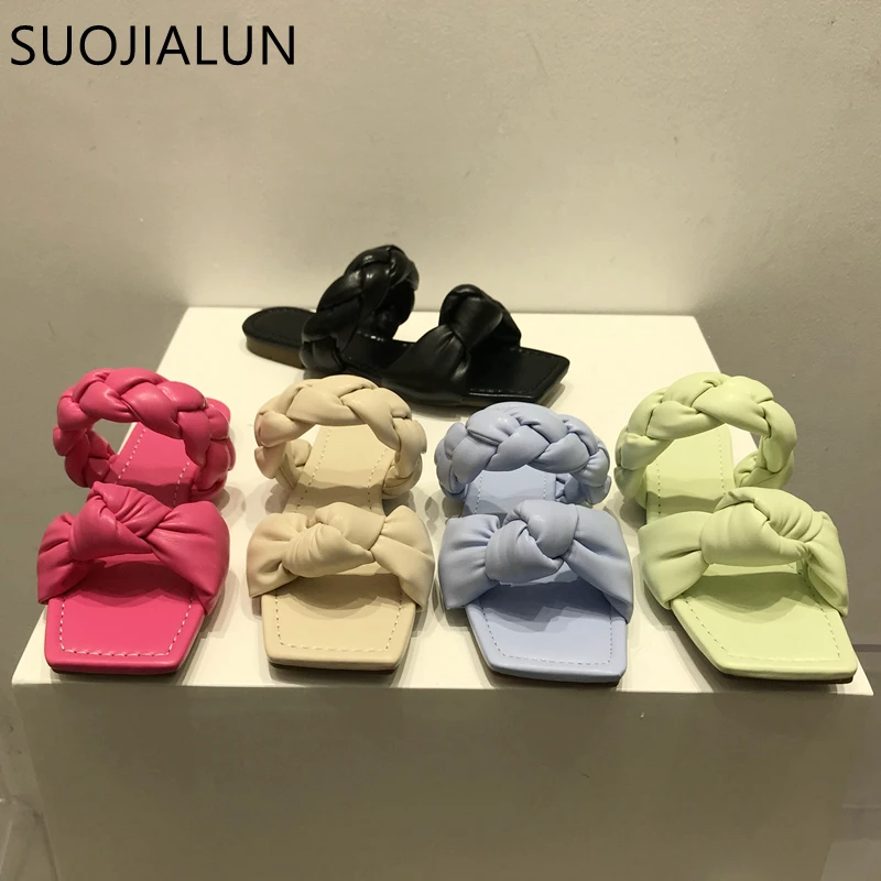 

SUOJIALUN Fashion Women Slippers Summer 2021 Weave Ladies Slides Open Toe Flat Heel Outdoor Beach Sandal Female Causal Flip Flop