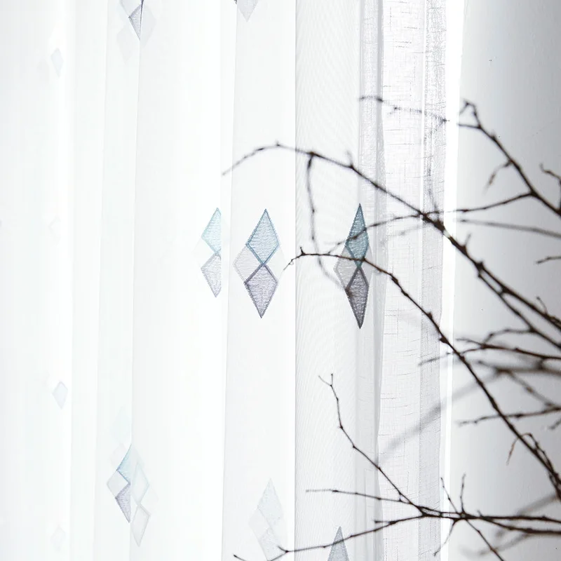 

New Hyundai INS Simple Embroidered Geometric Diamond Screen Transparent Bay Window Sheer Curtains for Living Dining Room Bedroom