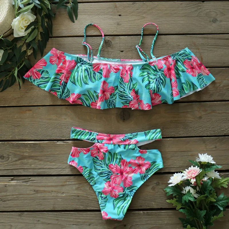 

2020 Newest Print High Waist Bikini Set Shoulder Ruffle Swimwear Women Swimsuit Hollow Out Bathing Suit Beachwear Biquini female
