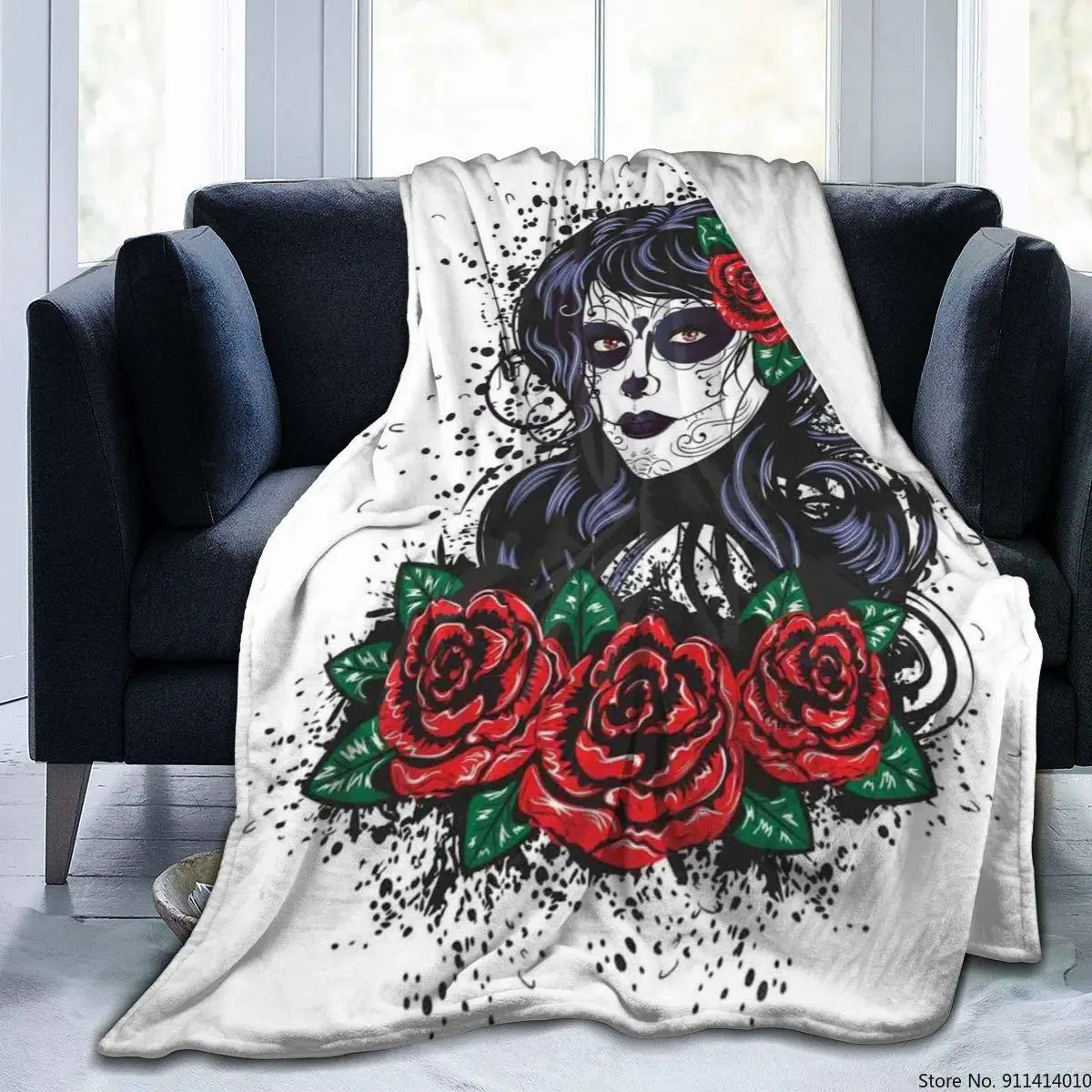 

3D Custom Nap Blanket Super Soft Cozy Velvet Plush Throw Blanket Bedspread Floral Skull Modern Line Art Sherpa Travel