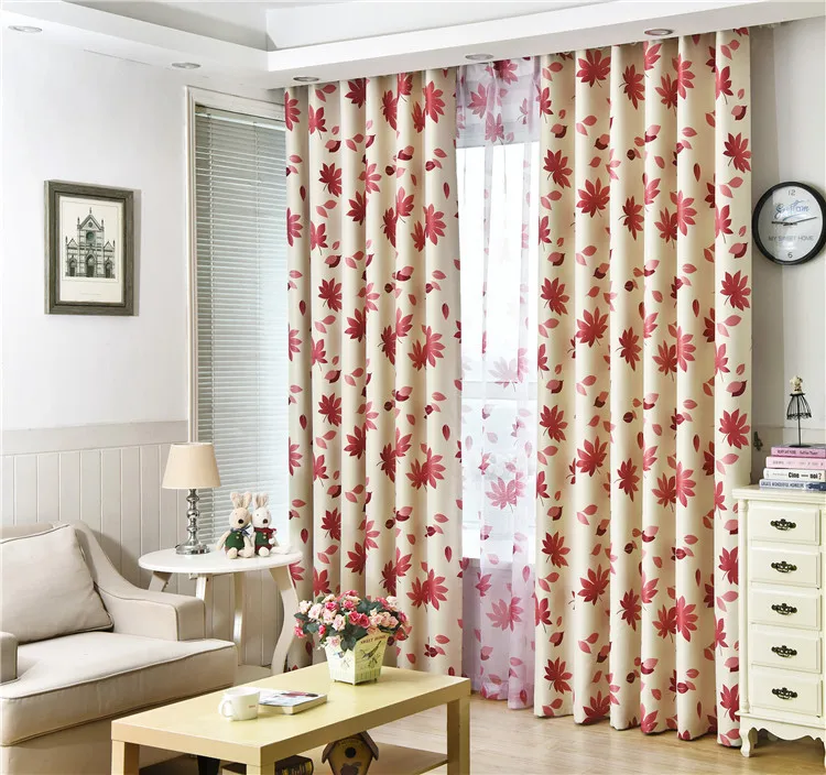 

Black Silk Whole Shading Printing Curtain Fabric, Red Maple Leaf Curtain Cloth,Curtains for Living Dining Room Bedroom
