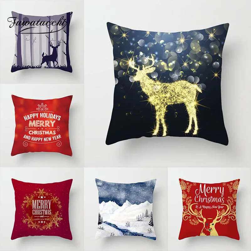 

Fuwatacchi Christmas Deer Cushion Cover Xmas Snowman Bell Photo Pillow Cover For Car Home Sofa Decorative Pillowcases 45cm*45cm