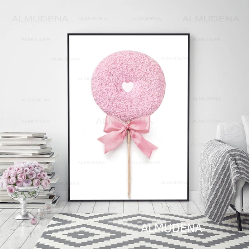 Хлопковые конфеты розовые скандинавские плакаты и принты леденец пончик холст
