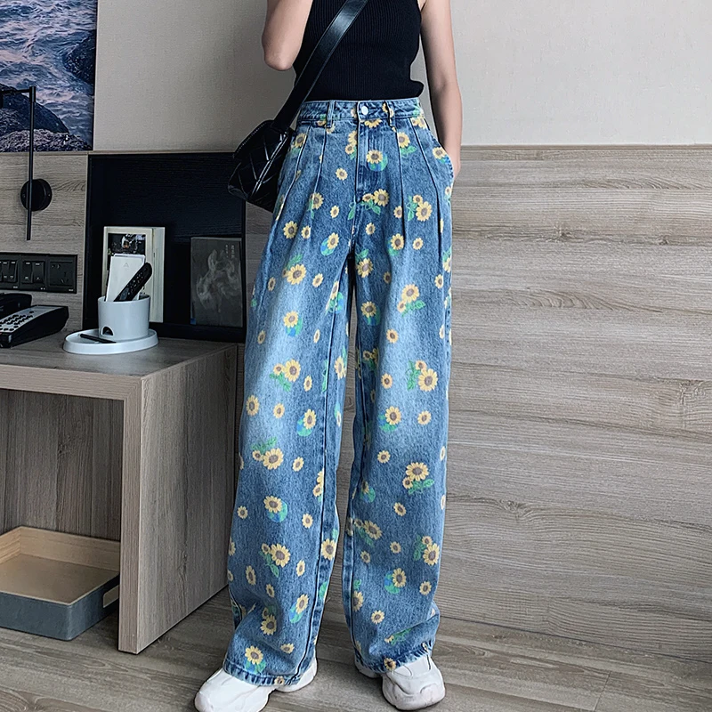 L 4XL большой Размеры джинсы для женщин Harajuku с принтом в виде подсолнухов винтажном