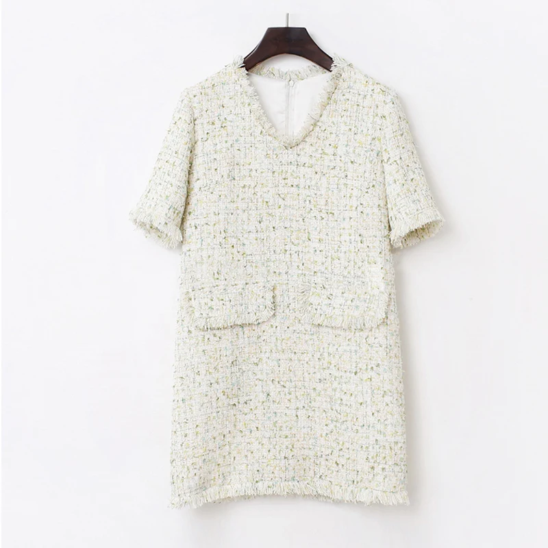 

Tweed Dress Elegant Holiday Autumn and Winter Women's Dress Light Green One-Piece Ladies Dress