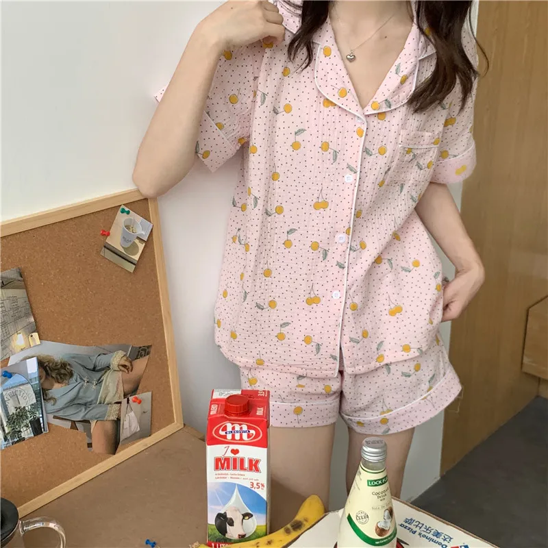 

summer women's set homewear short sleeve cotton linene pajama set casual dot cherry print sleepwear shorts pijamas suit Y466