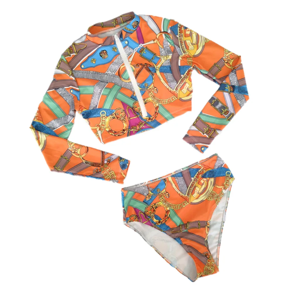 Женский раздельный купальник с длинным рукавом и принтом укороченный топ на