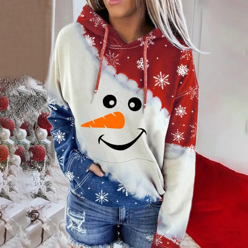 Новая Женская толстовка с капюшоном принтом снеговика контрастного цвета